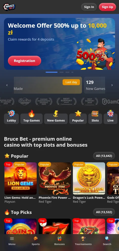 BruceBet Casino am Smartphone mit mobiler Lobby und Spielkategorien