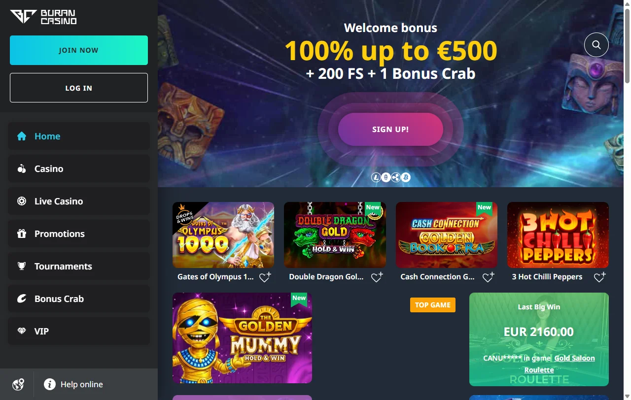 Startseite von Buran mit Überblick über Spielkategorien und aktuelle Aktionen