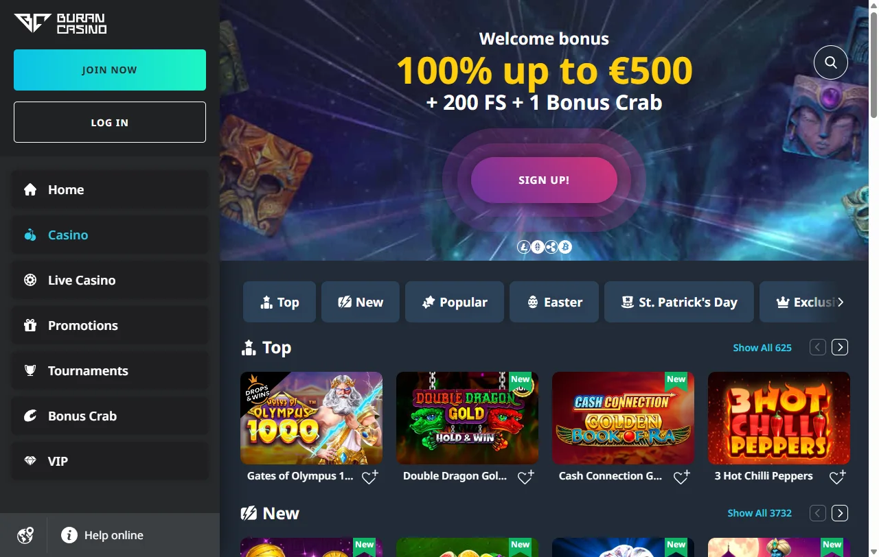 Buran Spiellobby mit Slots von Pragmatic Play, NetEnt und Hacksaw Gaming