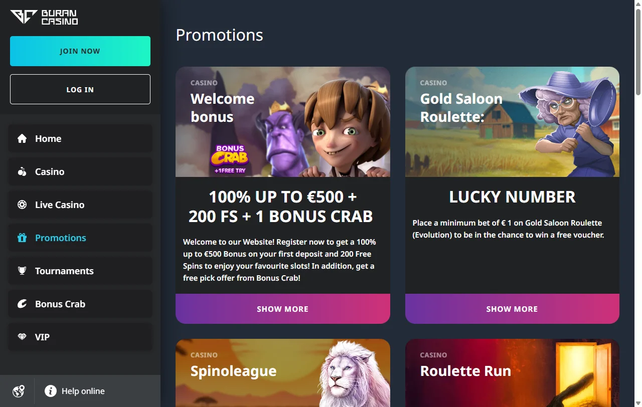 Buran Willkommensbonus mit 100 % bis € 500 und 200 Freispielen