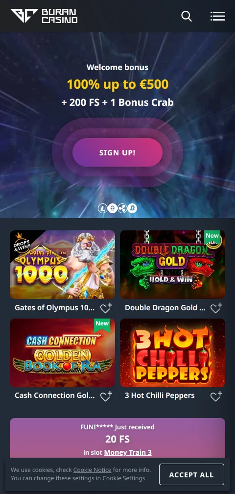 Buran im Smartphone-Browser mit Menü für Casino und Live-Casino