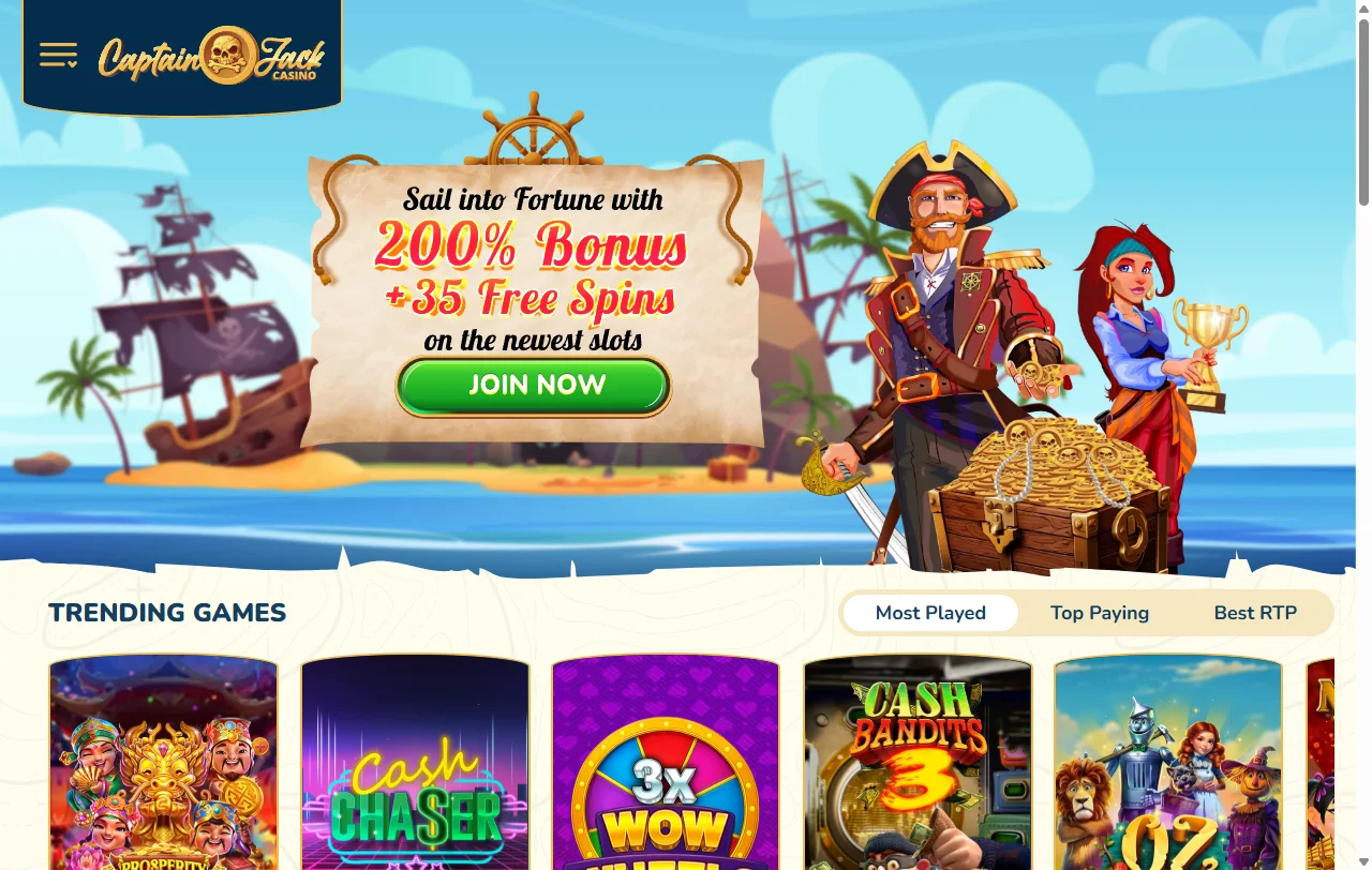 Captain Jack Casino Startseite mit Überblick über Angebot und Spielbereiche