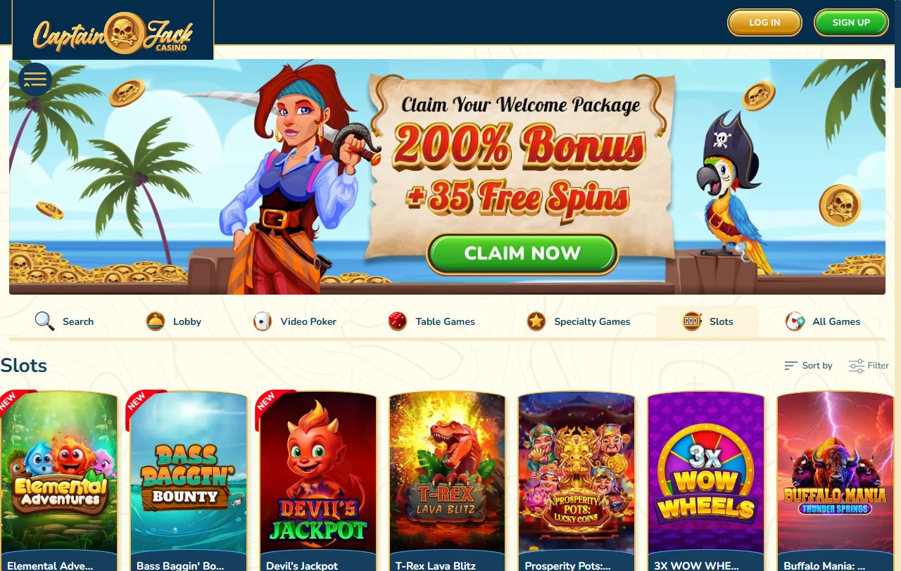 Captain Jack Casino Spielauswahl mit Slots und Jackpots von RealTime Gaming