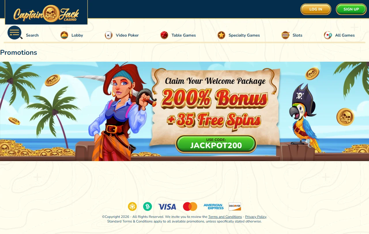 Captain Jack Casino Bonusbereich mit Codes, Cashback und geltenden Umsatzbedingungen