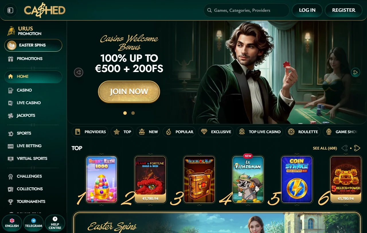 Cashed Casino Startseite mit Casino und Sportwetten auf einer Plattform