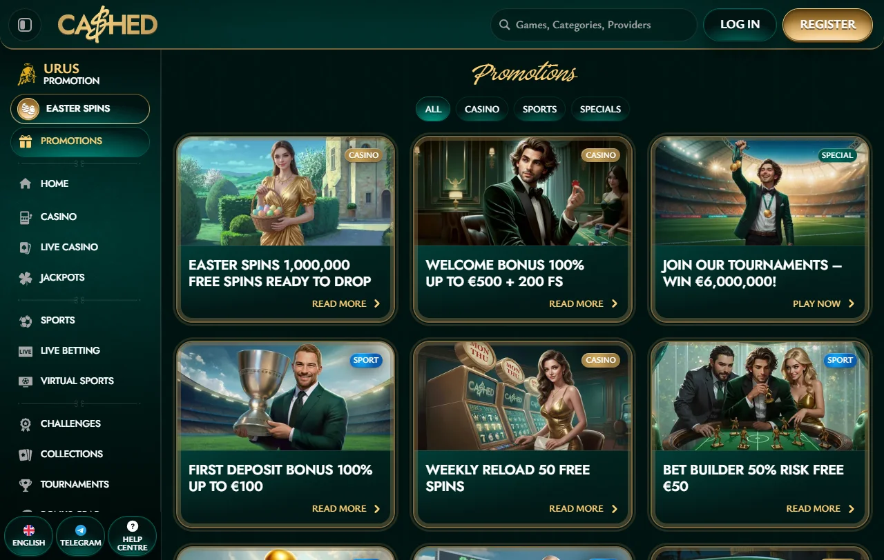 Spielelobby von Cashed Casino mit Slots von über 80 Anbietern