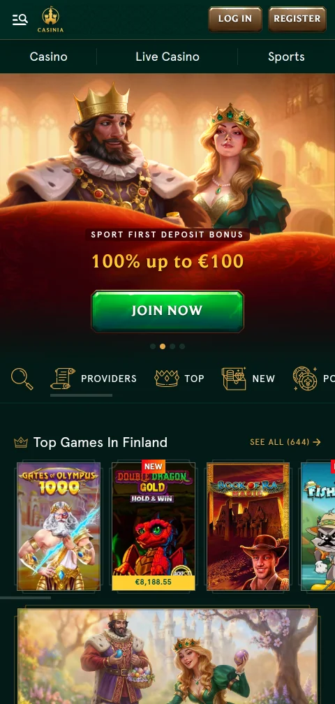 Casinia mobile Browser-Version mit Lobby und Anbieterfilter am Smartphone