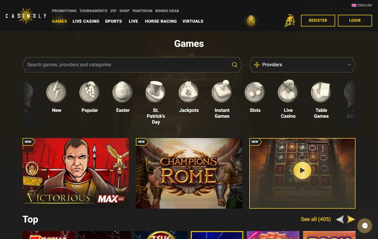 Spielauswahl bei Casinoly mit Slots von NetEnt und Hacksaw Gaming sowie Evolution-Tischen