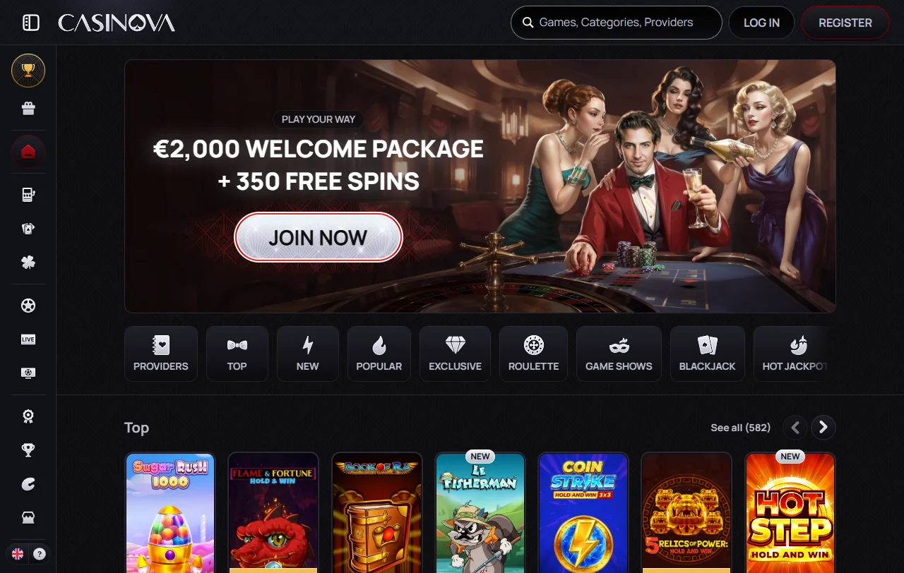 Casinova Überblick mit Startseite, Spielkategorien und Sportwetten unter einem Konto