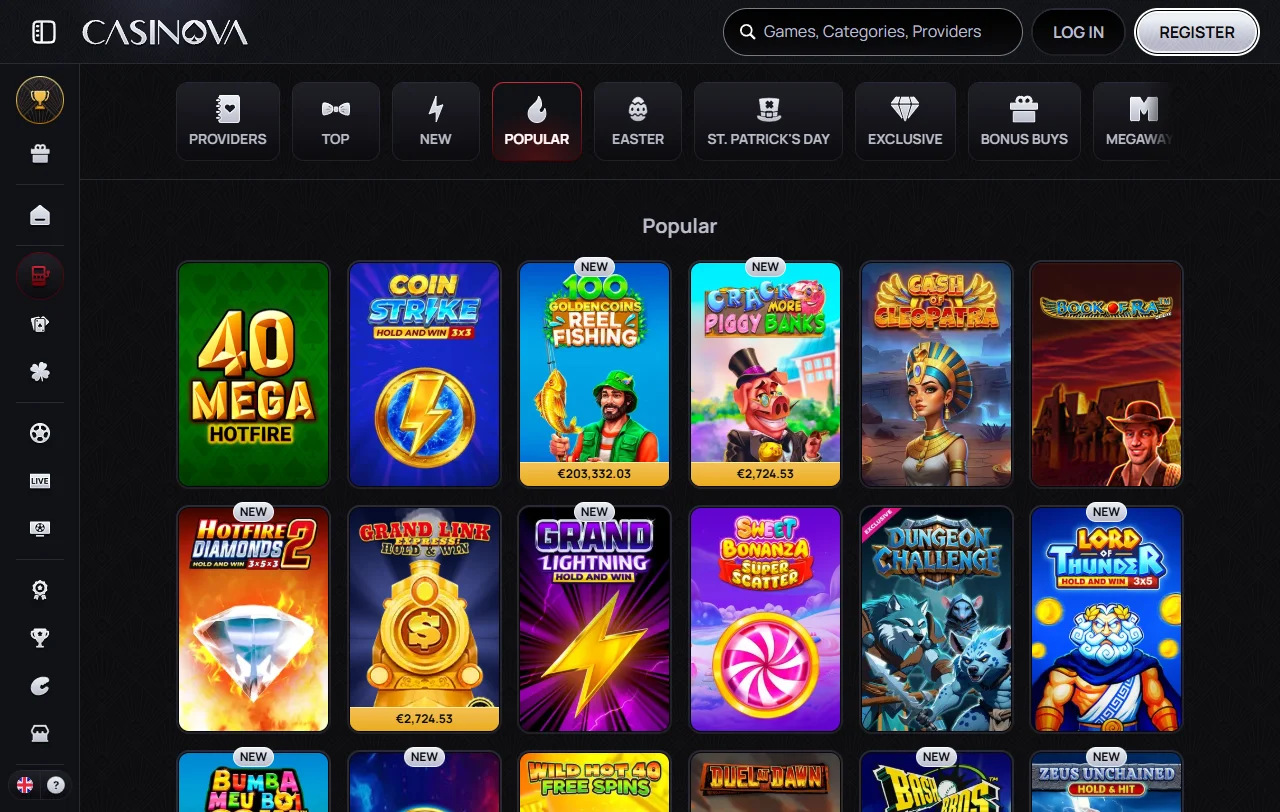 Casinova Spielauswahl mit Slots von NetEnt, Pragmatic Play und Play