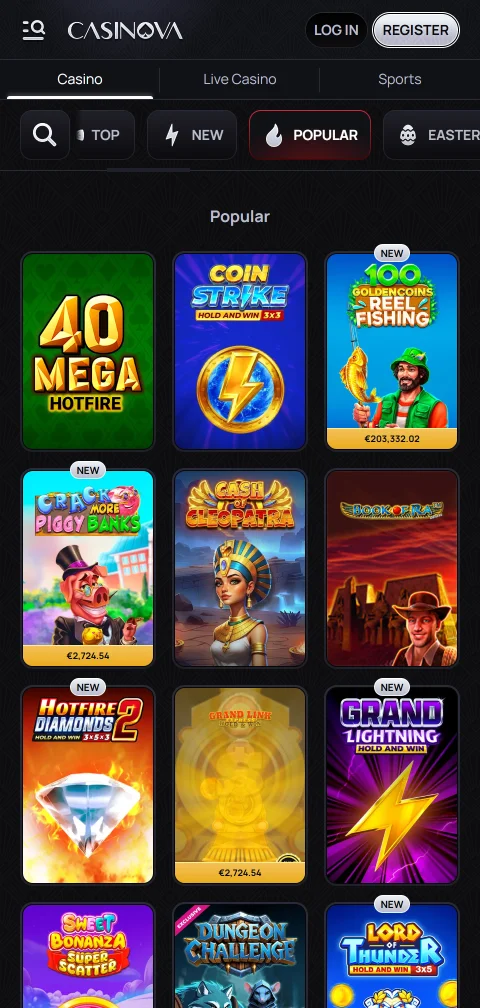 Casinova Kassa mit Karten, E-Wallets und Kryptowährungen für Ein- und Auszahlungen