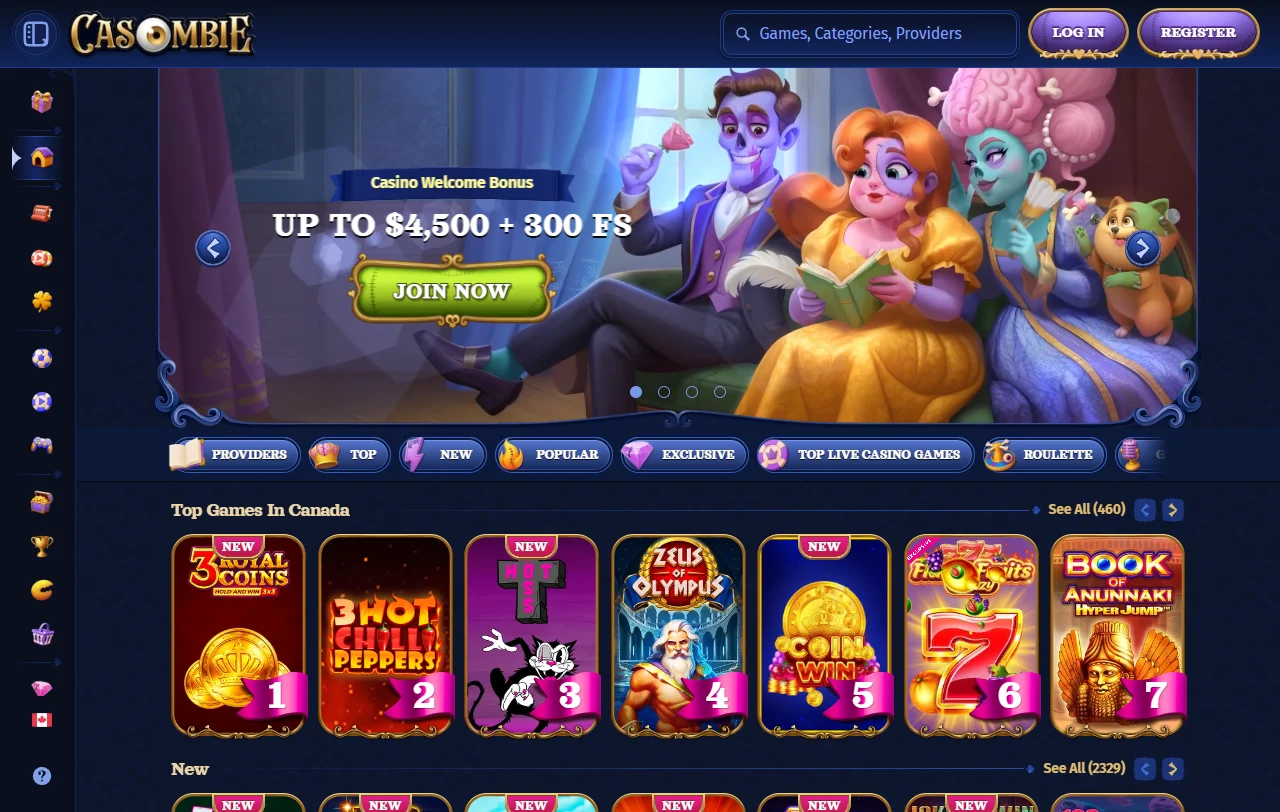 Casombie Casino Startseite mit Zombie-Design und Überblick über Bereiche für österreichische Spieler