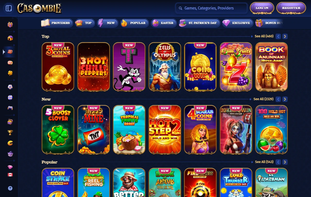 Spielauswahl bei Casombie mit Slots von Pragmatic Play, NetEnt und Relax Gaming