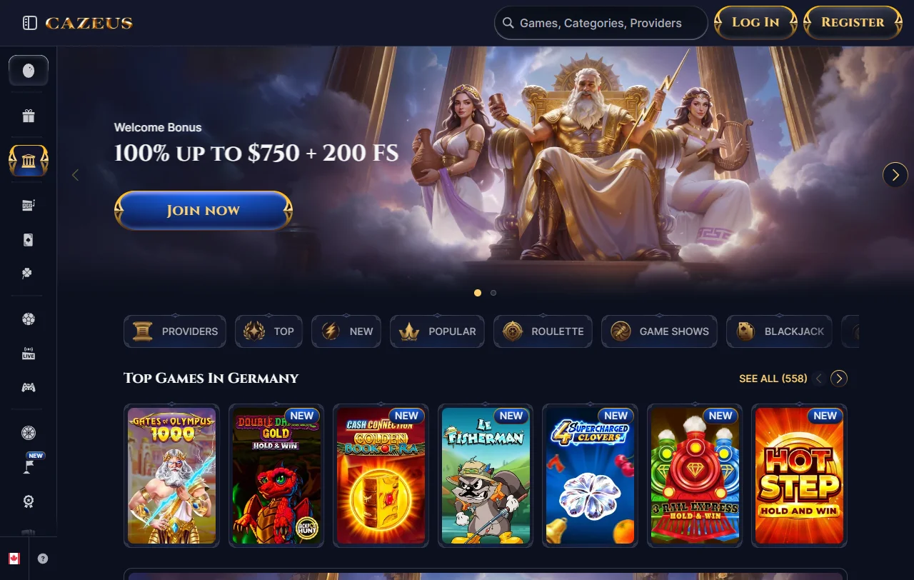 Cazeus Casino Startseite mit Casino und Sportwetten auf einem Konto