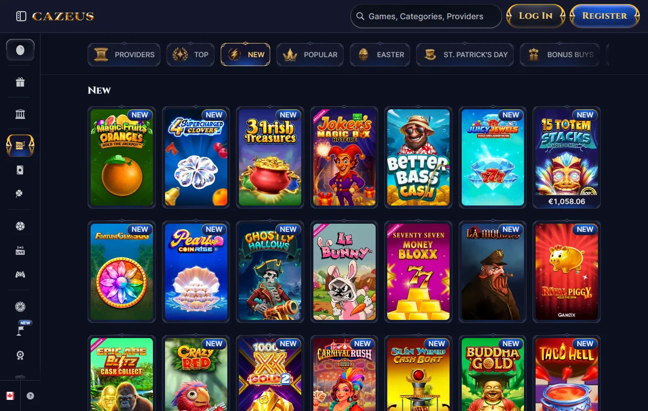 Spielkatalog von Cazeus mit 8.237 Titeln von 77 Anbietern