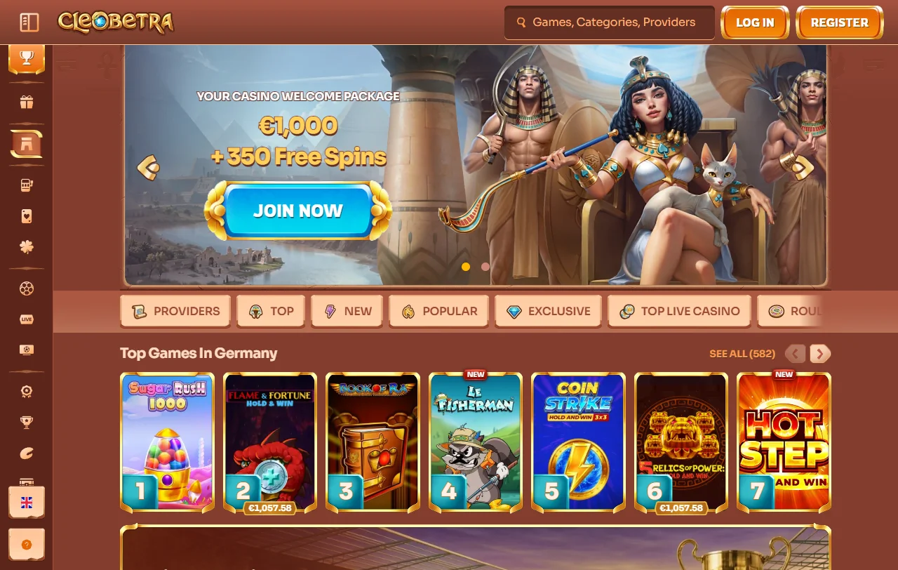 Cleobetra Casino Startseite im ägyptischen Design mit Überblick über Casino und Sportwetten