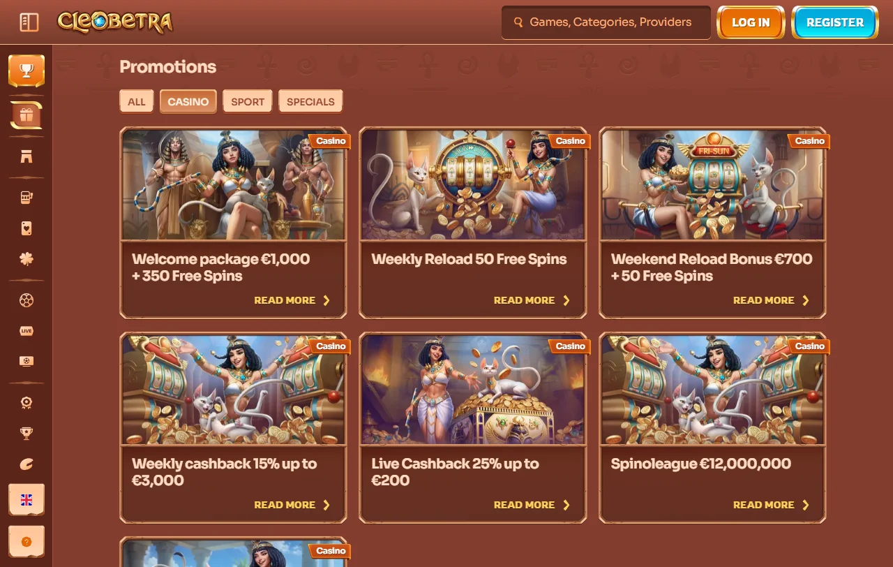 Cleobetra Casino Spielbibliothek mit Slots von Novomatic, Pragmatic Play und weiteren Studios