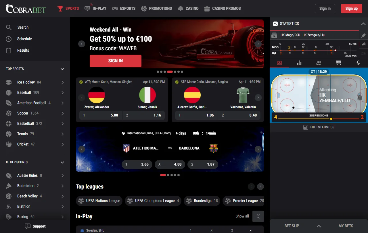 Startseite von Cobra Casino mit Überblick über Angebot und Kontobereich