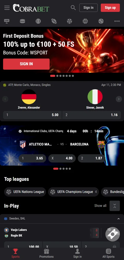 Mobile Browserversion von Cobra Casino auf dem Smartphone im Hochformat