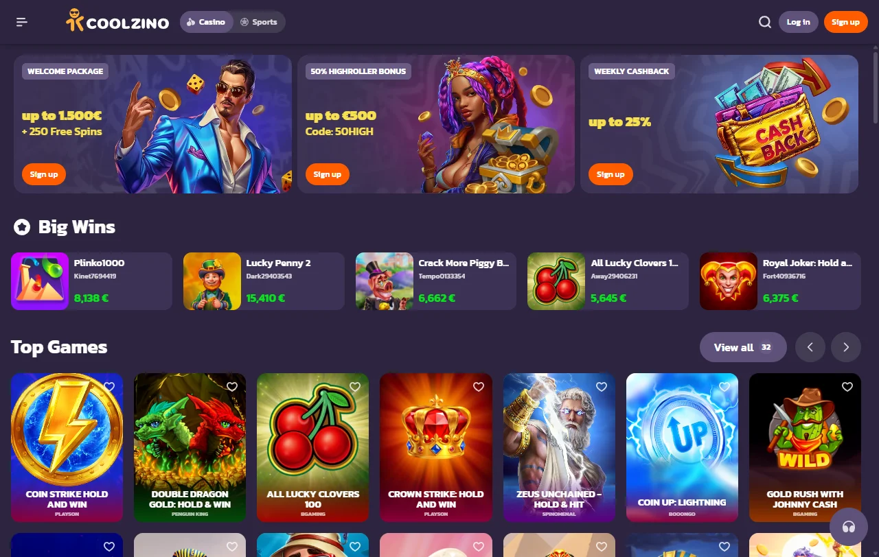 Startseite von Coolzino Casino mit Überblick über Spielbereiche und Sportwetten
