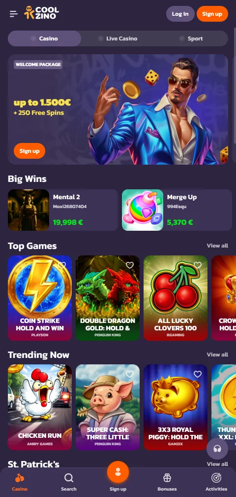 Coolzino Casino im mobilen Browser mit Suche und Lobbyfilter am Handy