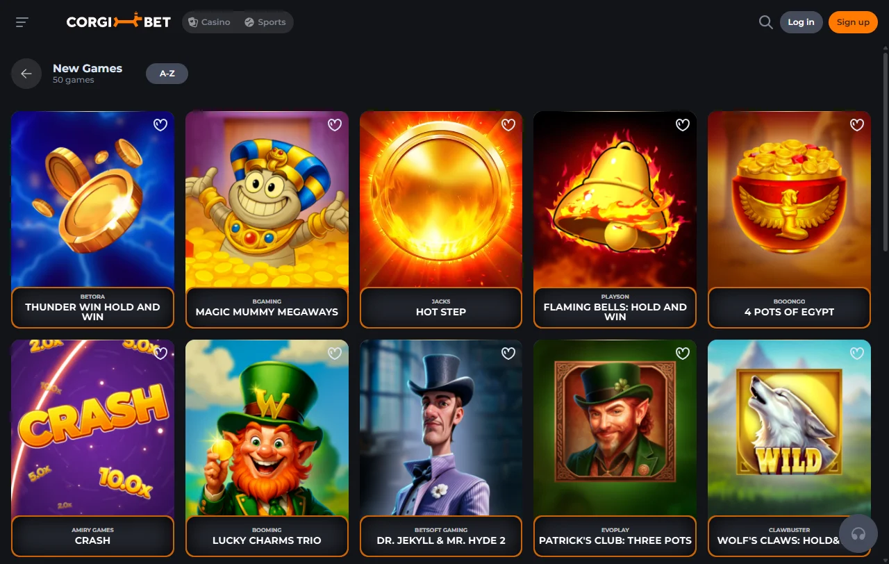 Corgibet Casino Spielauswahl mit Slots von Pragmatic Play und Nolimit City