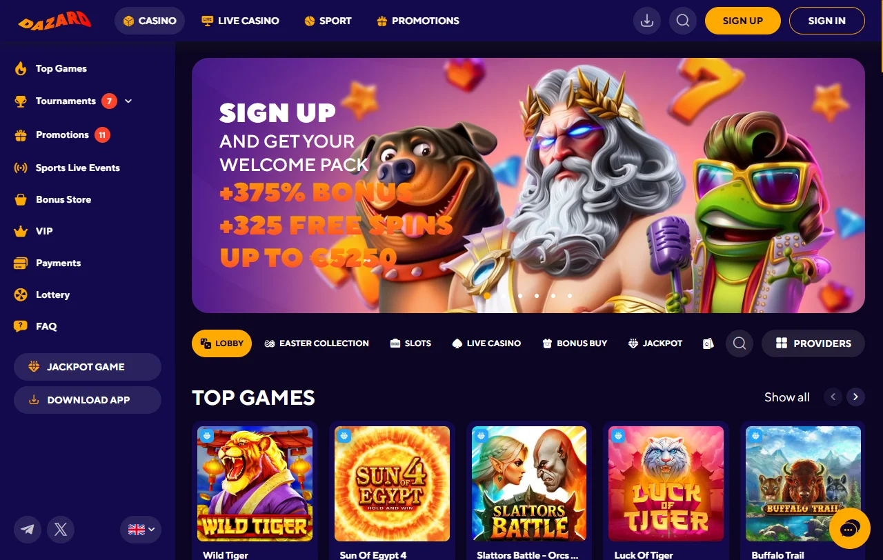 Dazard Casino Startseite mit Überblick über Spielbereiche und Sportwetten