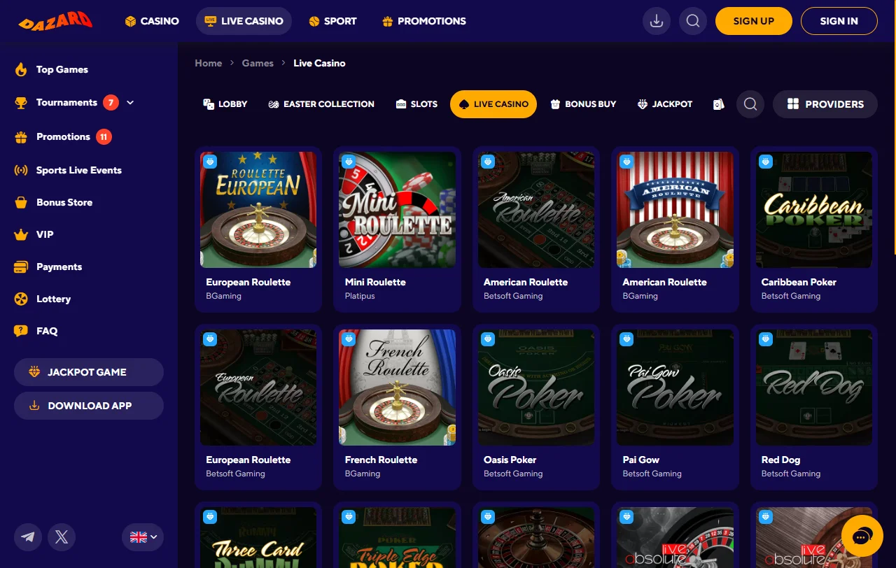 Dazard Casino Spielauswahl mit Slots von Pragmatic Play und Hacksaw Gaming
