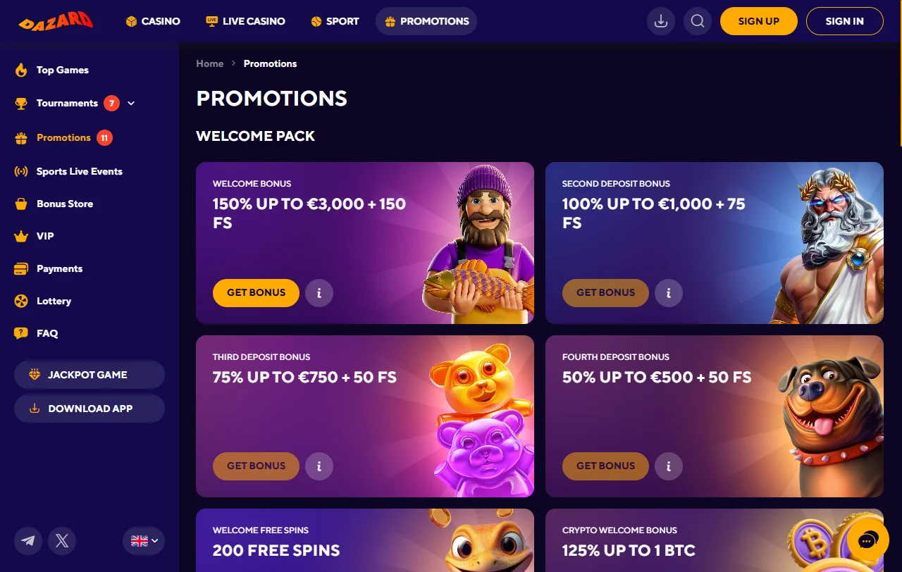Dazard Casino Willkommenspaket über vier Einzahlungen mit Freispielen und Umsatzbedingungen