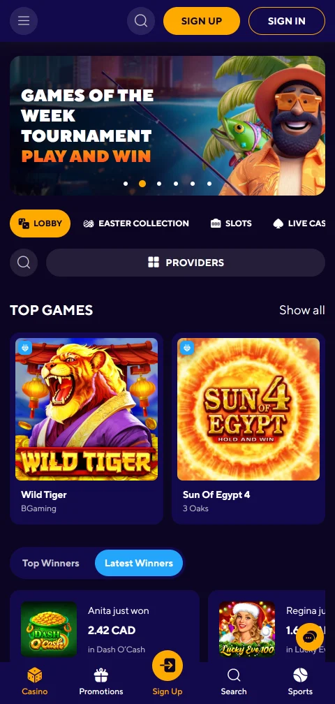 Dazard Casino mobile Browser-Version auf dem Smartphone mit Spielefilter