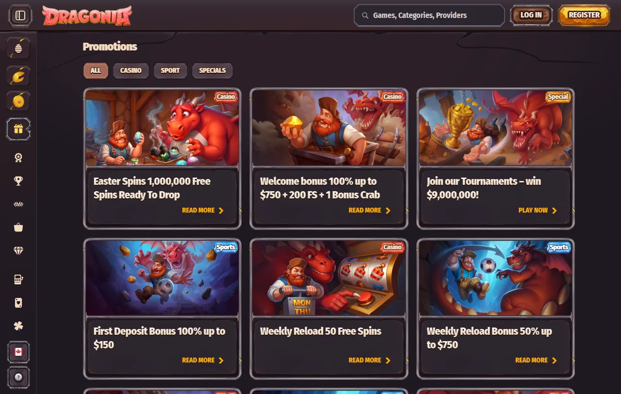 Dragonia Casino Spielauswahl mit Slots von Pragmatic Play und Nolimit City