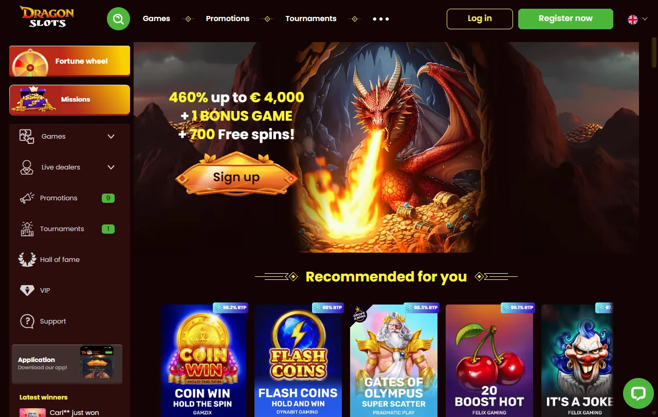 DragonSlots Casino Startseite mit Überblick über Spielbereiche und Aktionen für Österreich