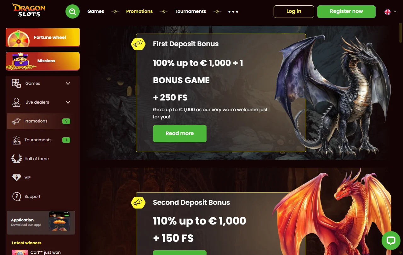 DragonSlots Spielelobby mit Slots von Pragmatic Play, Hacksaw Gaming und Nolimit City