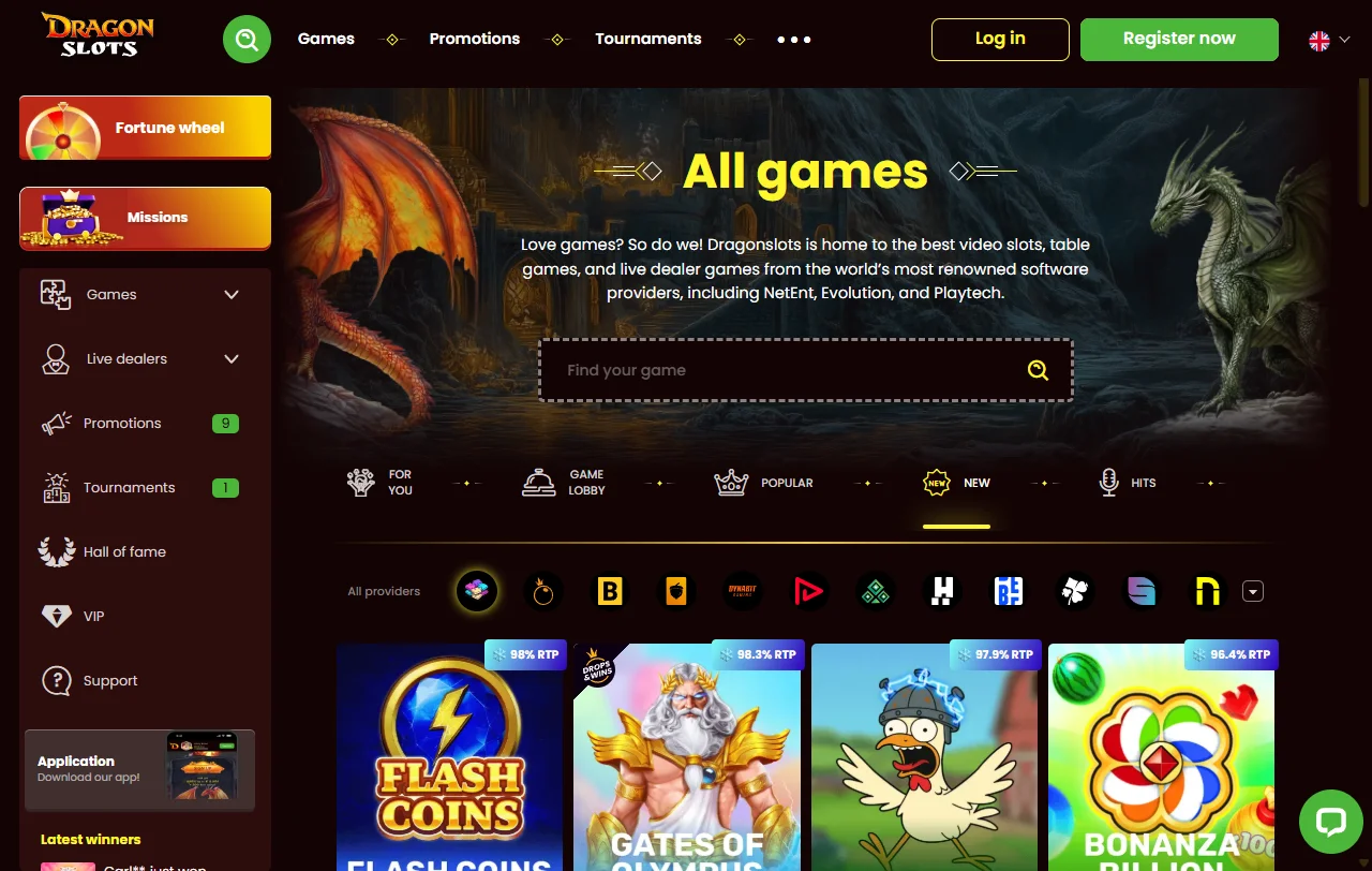 DragonSlots Bonusbereich mit gestaffeltem Ersteinzahlungsbonus und 40-fachem Umsatz