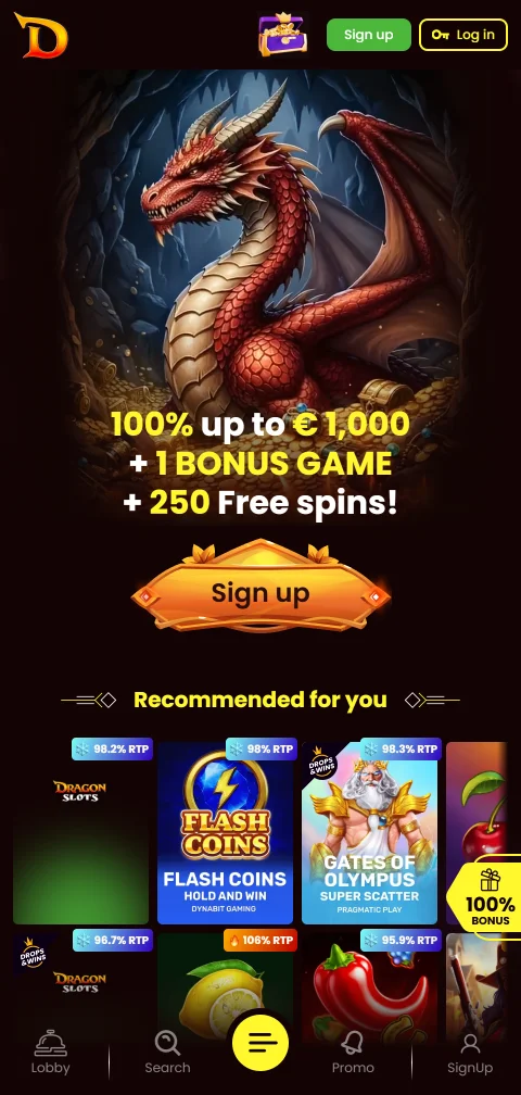 DragonSlots Casino als Web-App am Smartphone mit Symbolleiste am unteren Rand