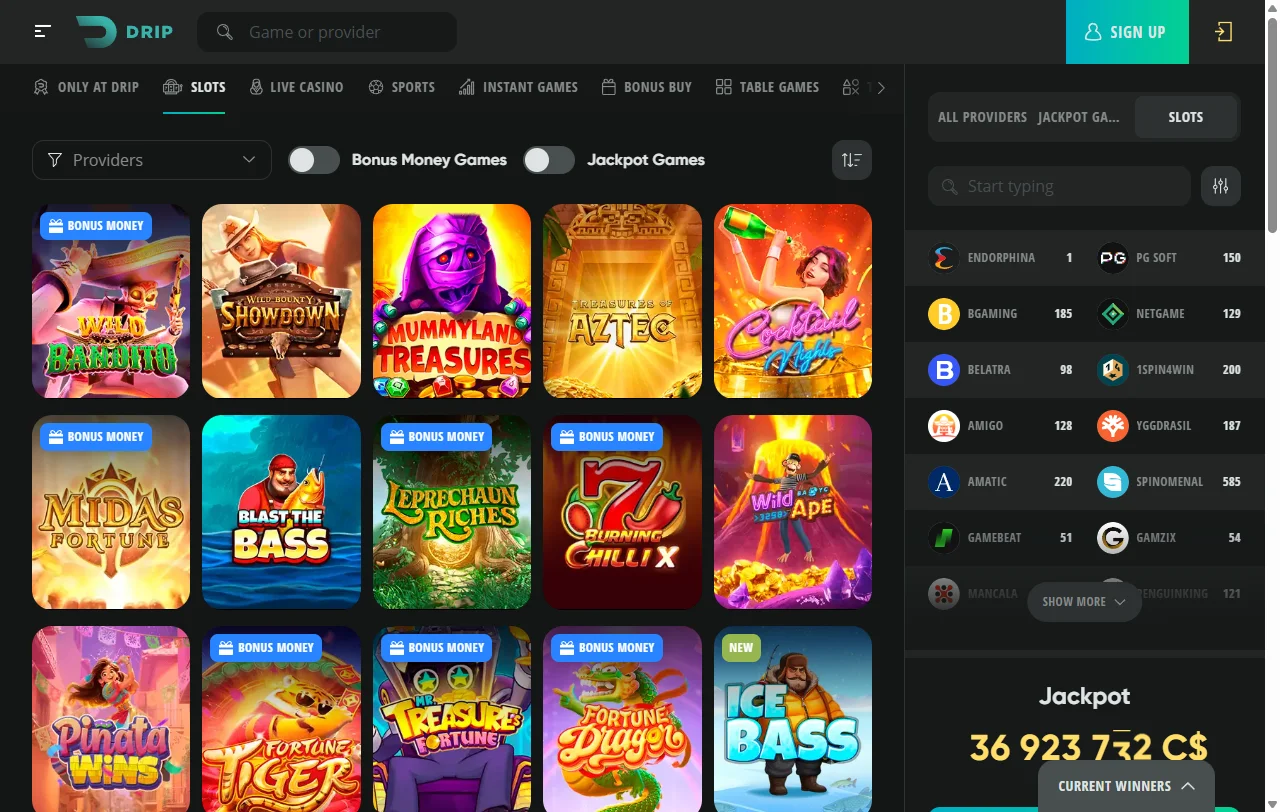 Startseite von Drip Casino mit Überblick über Spiele, Live-Bereich und Sportwetten
