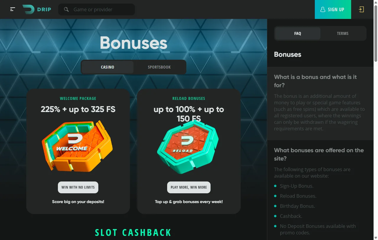 Willkommensbonus bei Drip Casino mit 50 % auf die erste Einzahlung