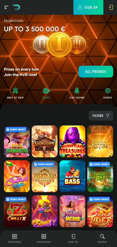 Drip Casino im mobilen Browser mit Spielefiltern und Favoriten am Smartphone