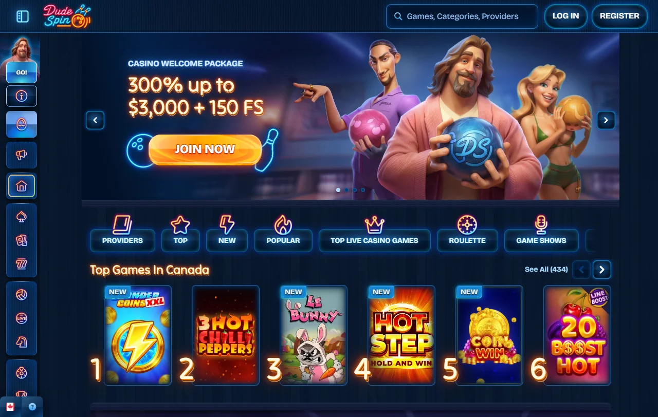 DudeSpin Casino Startseite mit Spielkategorien und Sportwetten für Spieler aus Österreich