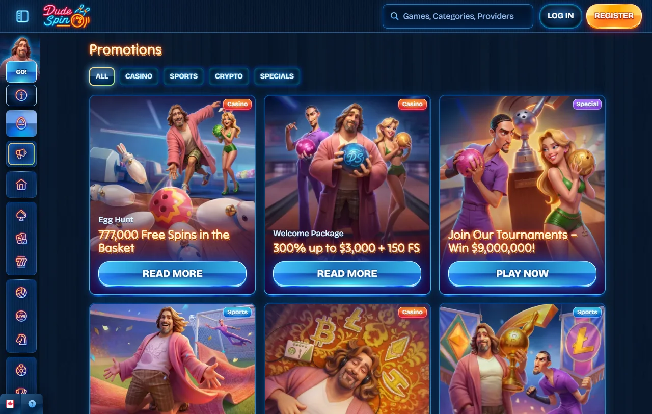 DudeSpin Casino Spielelobby mit Slots von Pragmatic Play, Novomatic und Hacksaw Gaming
