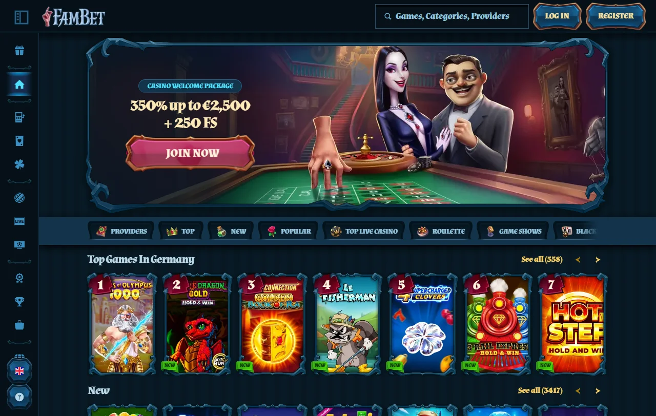 Startseite von Fambet Casino mit Casino- und Sportwettbereich im Überblick