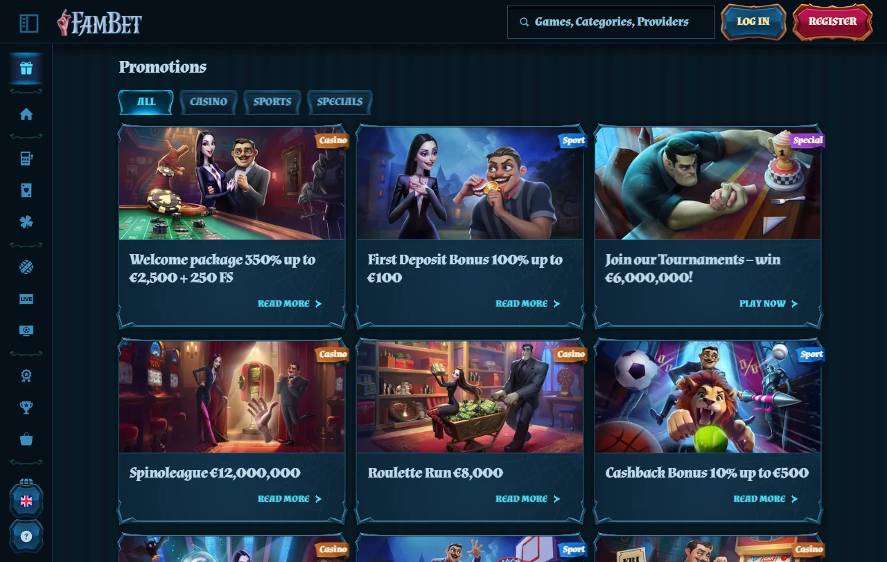 Spielelobby von Fambet Casino mit über 9.100 Slots und Live-Tischen