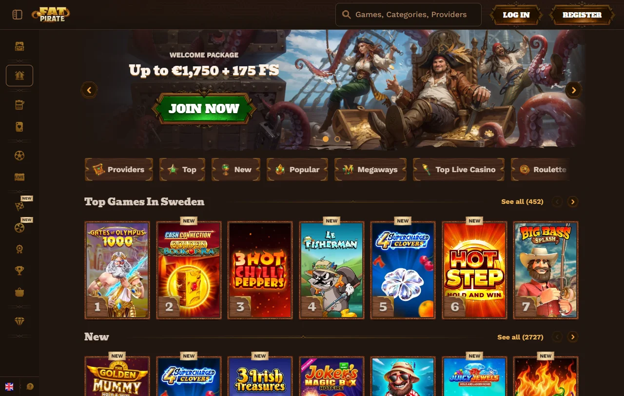 Fat Pirate Casino Startseite mit Überblick über Casino und Sportwetten