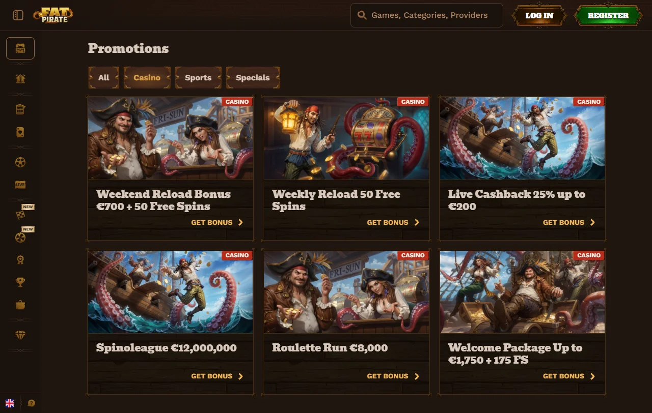 Spielauswahl bei Fat Pirate Casino mit Slots, Blackjack und Live-Tischen