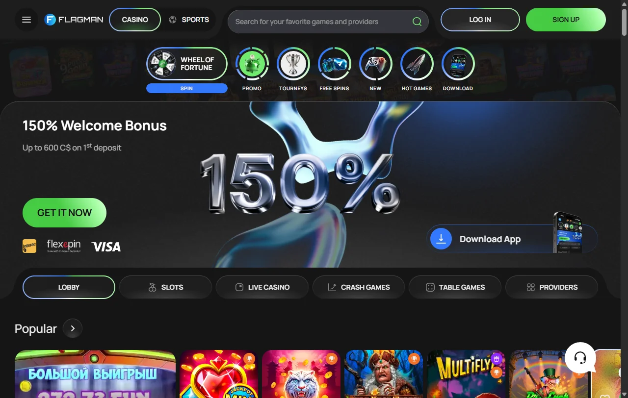 Startseite von Flagman Casino mit Überblick über Spielbereiche und Sportwetten
