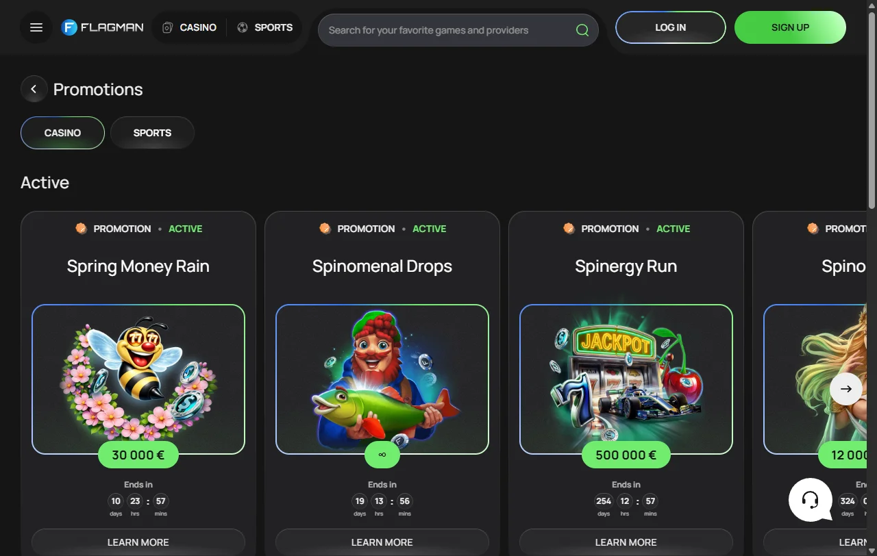 Spiellobby von Flagman Casino mit Slots von Pragmatic Play und Hacksaw Gaming