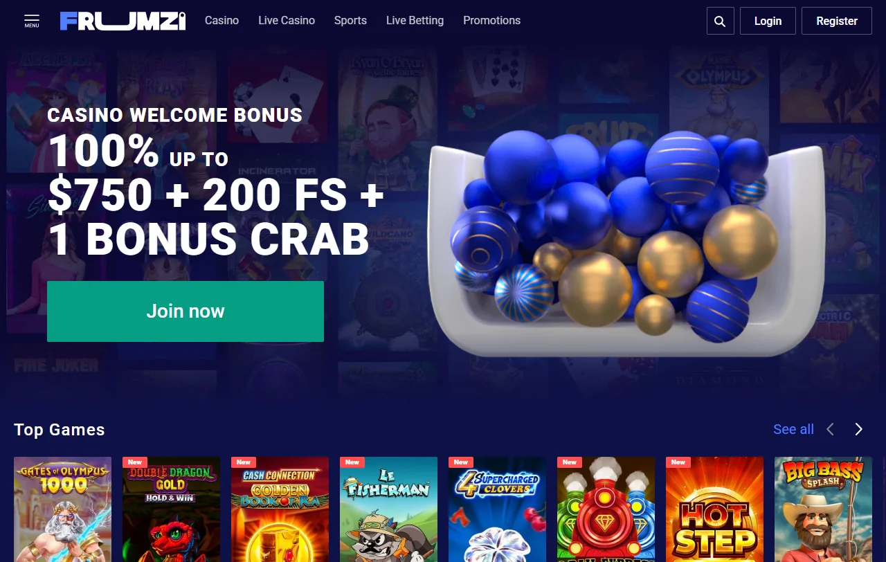 Frumzi Casino Startseite mit Überblick über das Angebot für Österreich