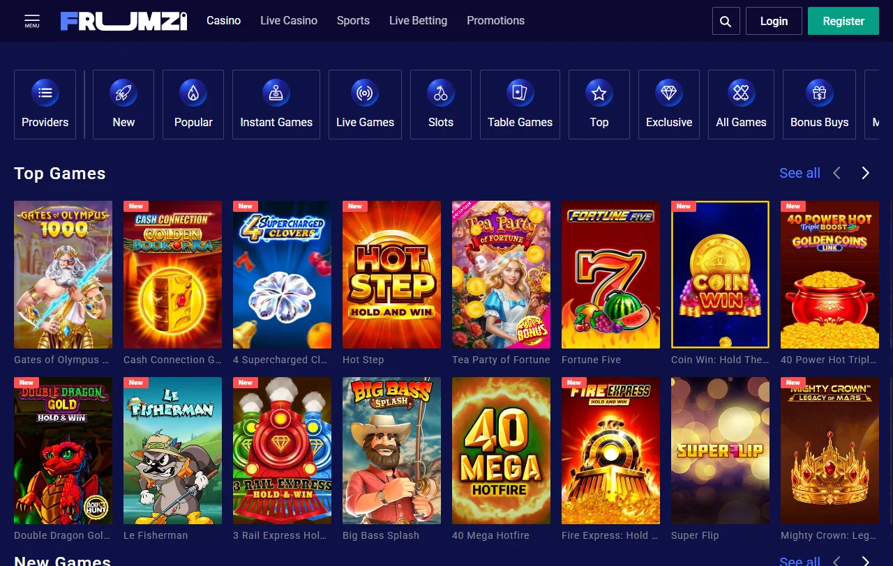 Frumzi Casino Spielauswahl mit über 7.000 Slots und Live-Tischen