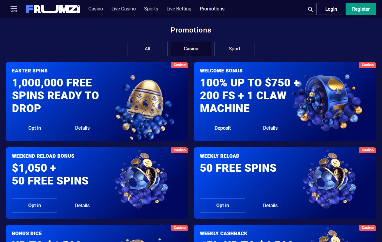 Frumzi Casino Willkommensbonus mit 100 % bis 500 € und Freispielen