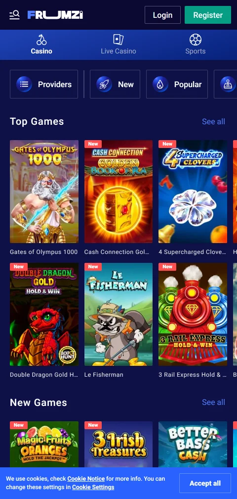Frumzi Casino Kassa am Smartphone mit Karten und Kryptowährungen